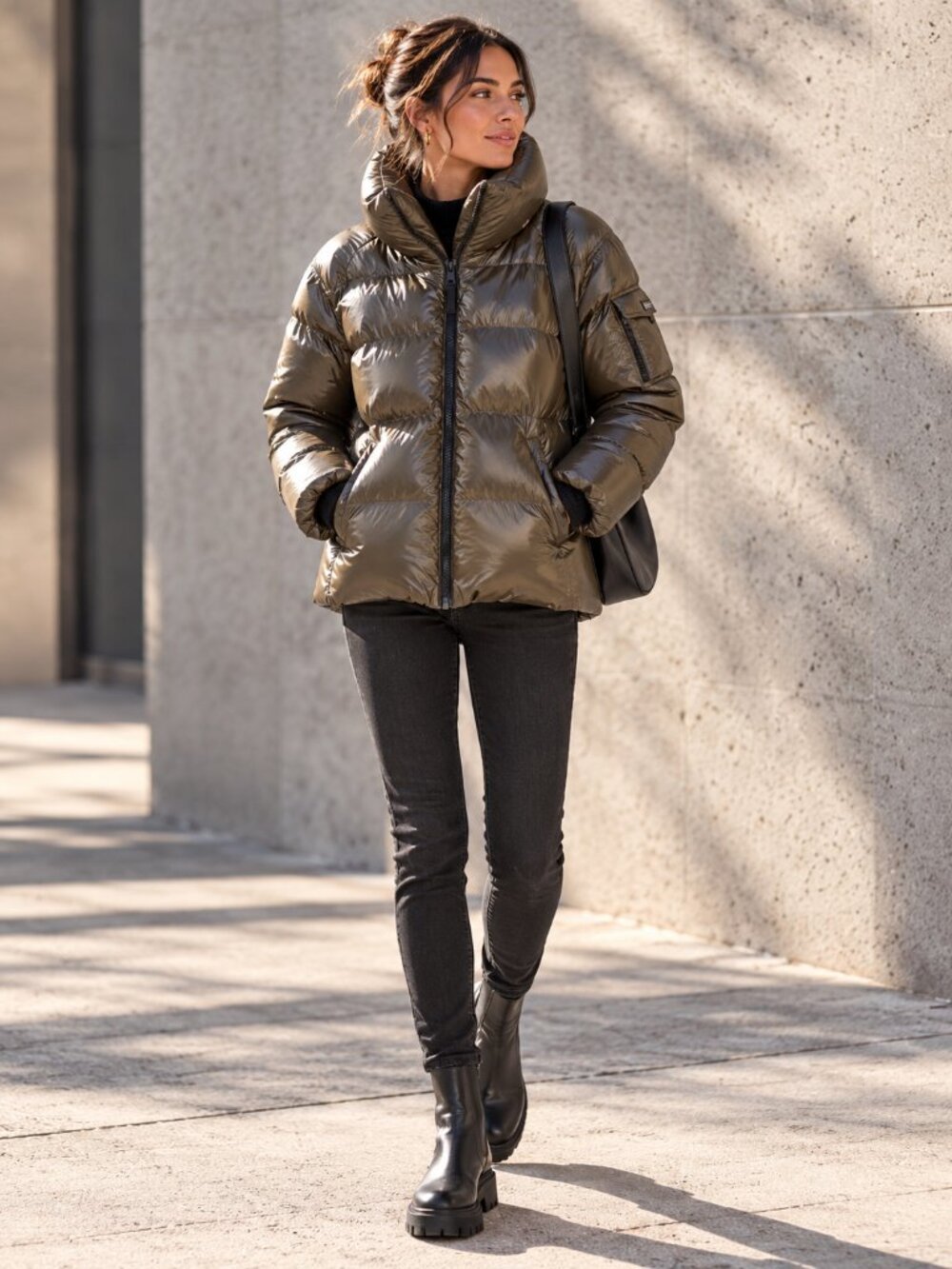 S13 New York Metallic Olive Green Down Feather Quilted Puffer Jacket | Size  XL